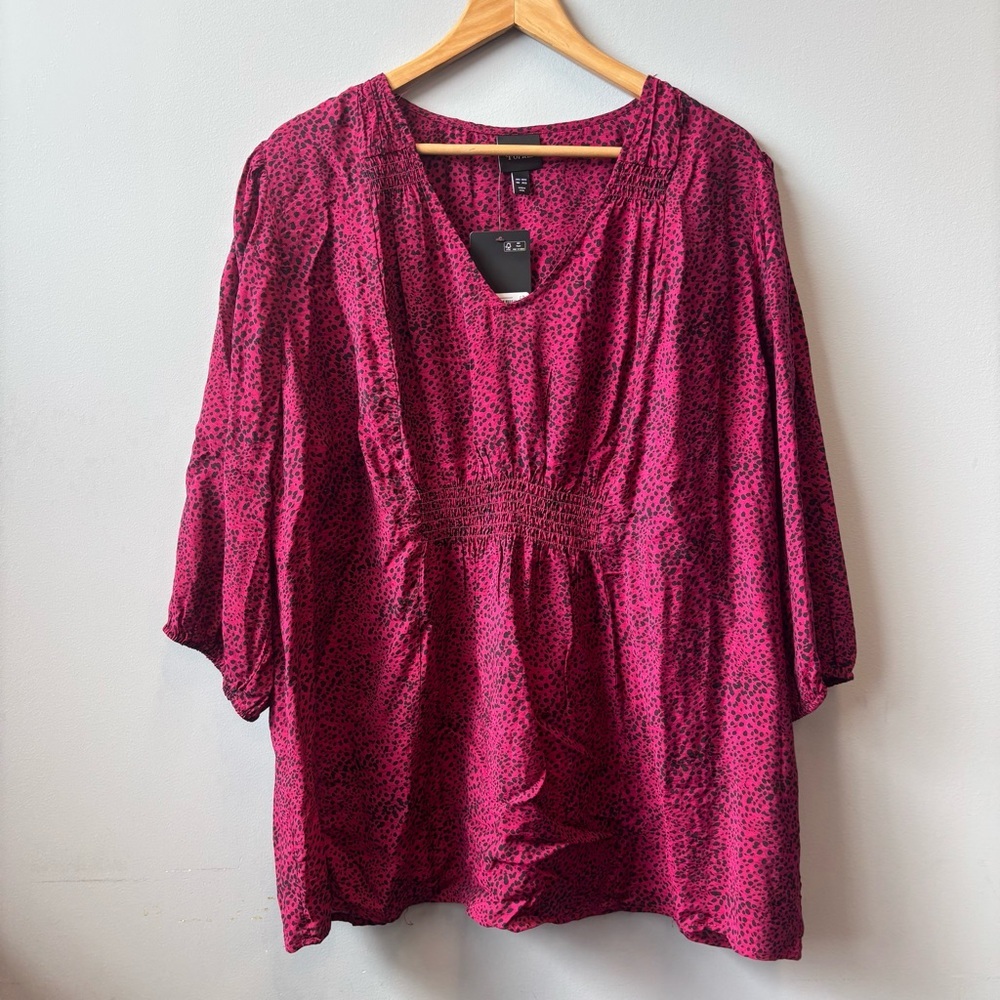 NWT Ulla Popken‎ Raspberry Print V-Neck Smocked Waist Blouse Top Size 20/22